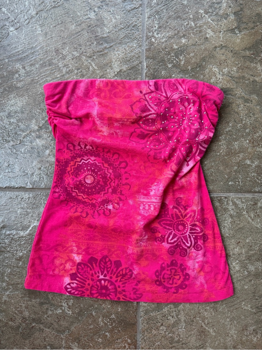 Vintage Y2K Dolled Up by FANG Hot Pink Mandala Rhinestone Ruched Tube Top Large